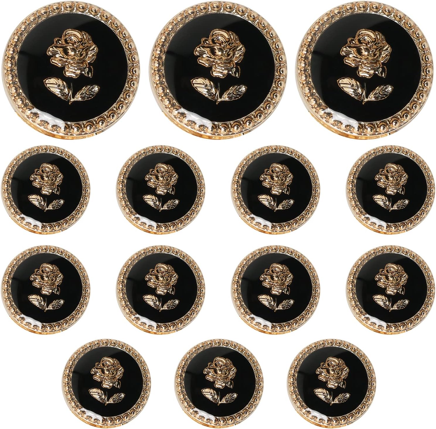 14pcs Vintage Rose Button 15mm Metal Enamel Suit Button Flower Buttons for Needlework Clothing Women Dress Coat Suit Cardigan Sewing Button, Black and Gold