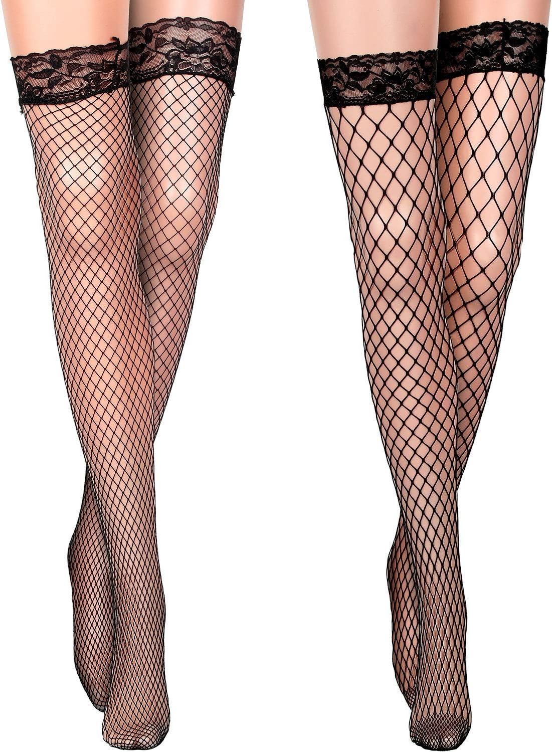 SATINIOR 2 Pairs Fishnet Hold Up Stockings for Women Fishnet Stockings Lace Mesh Thigh High Stocking Girls Net Socks