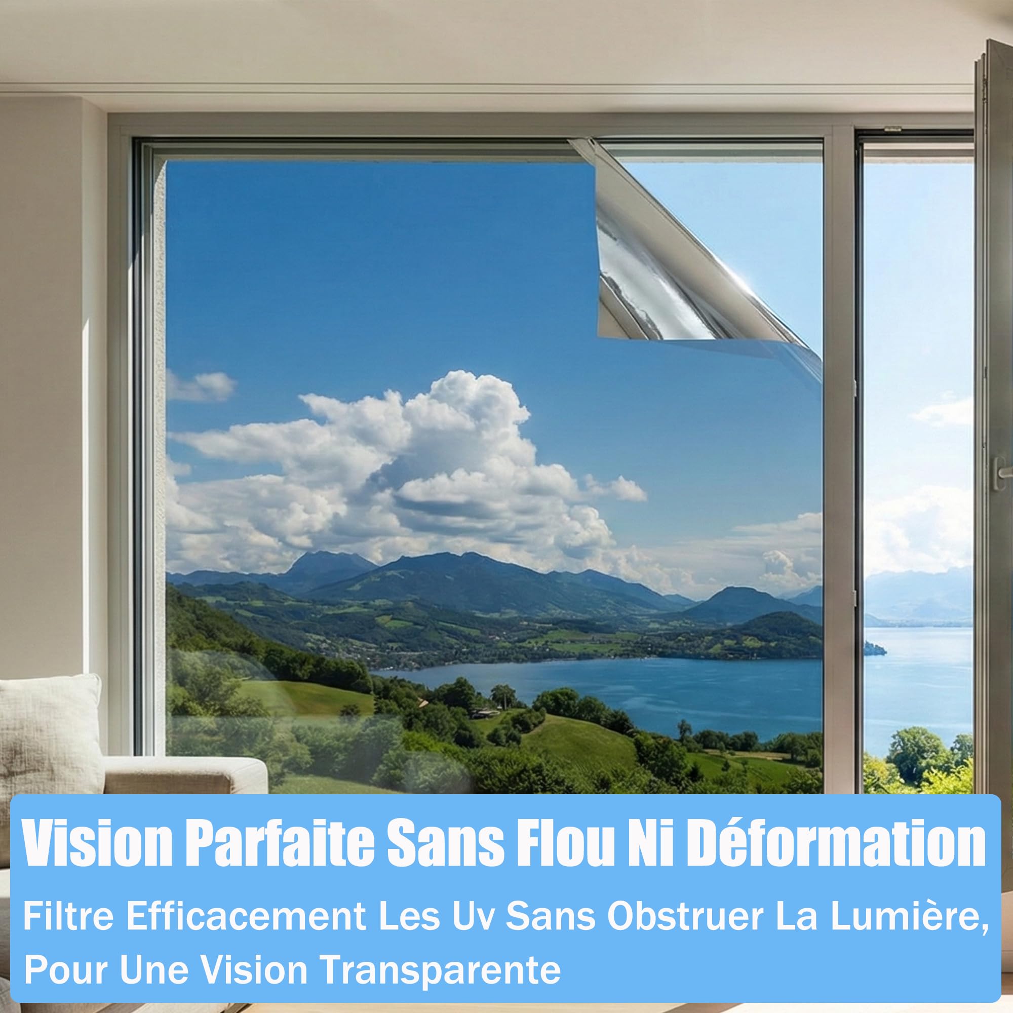 Film Miroir Fenêtre sans- Anti Chaleur & Anti UV - Film Solaire Électrostatique avec Kit de Pose Complet