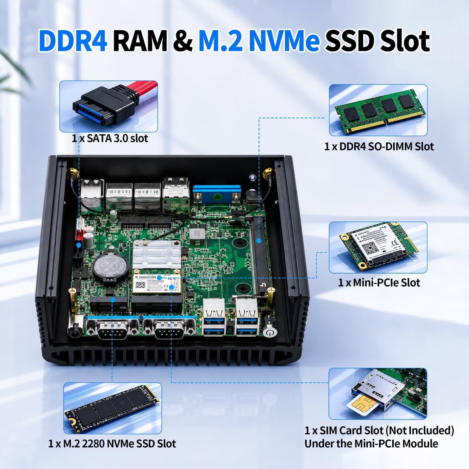 Mini PC Lüfterlos N150 (N100 Upgrade), DDR4 8GB RAM 128GB NVMe SSD, 2 Gigabit LAN Lüfterlos Industrie PC, Linux Fanless Desktop Computer, 4 x RS232 COM, 4USB3.0, 2USB2.0, Auto Power On