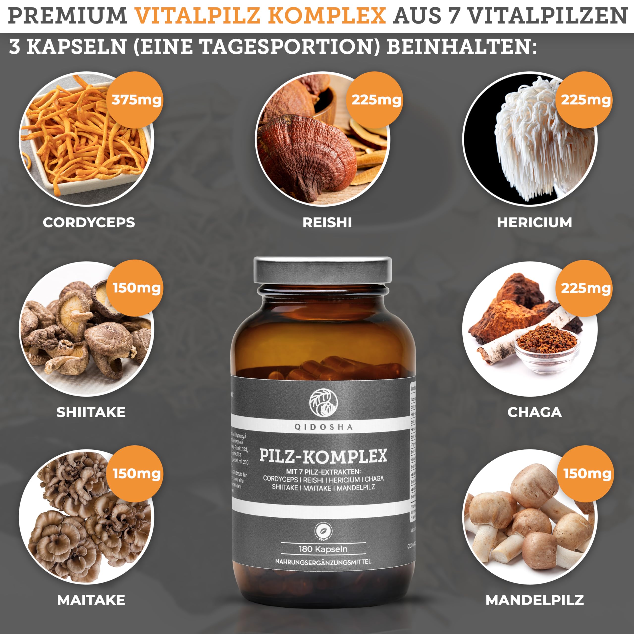 QIDOSHA® Pilz Komplex Kapseln, 180 Stk im Apothekerglas, hochreine Dual-Extrakte aus den 7 Vitalpilzen Cordyceps, Reishi, Hericium, Chaga, Maitake, Shiitake, Agaricus blazei (Mandelpilz), vegan