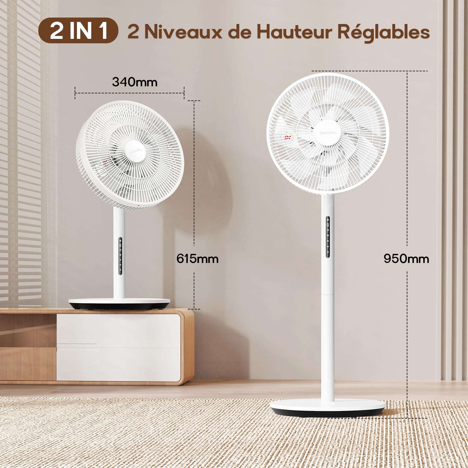 LeaderPro Ventilateur sur Pied Silencieux 12,8 dB avec Télécommande, Débit d'Air de 1980 m³/h, Double Lames Puissantes, Oscillation 120°, 8 Vitesses, Minuterie 8 h, Hauteur Réglable, Moteur DC, Blanc