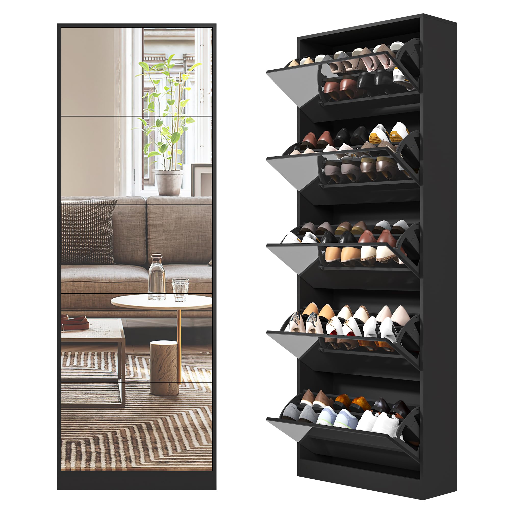 Scarpiera a specchio lungo 185 cm, 5 cassetti pieghevoli e spazio per 30 paia di scarpe, armadio per ingresso, camera da letto