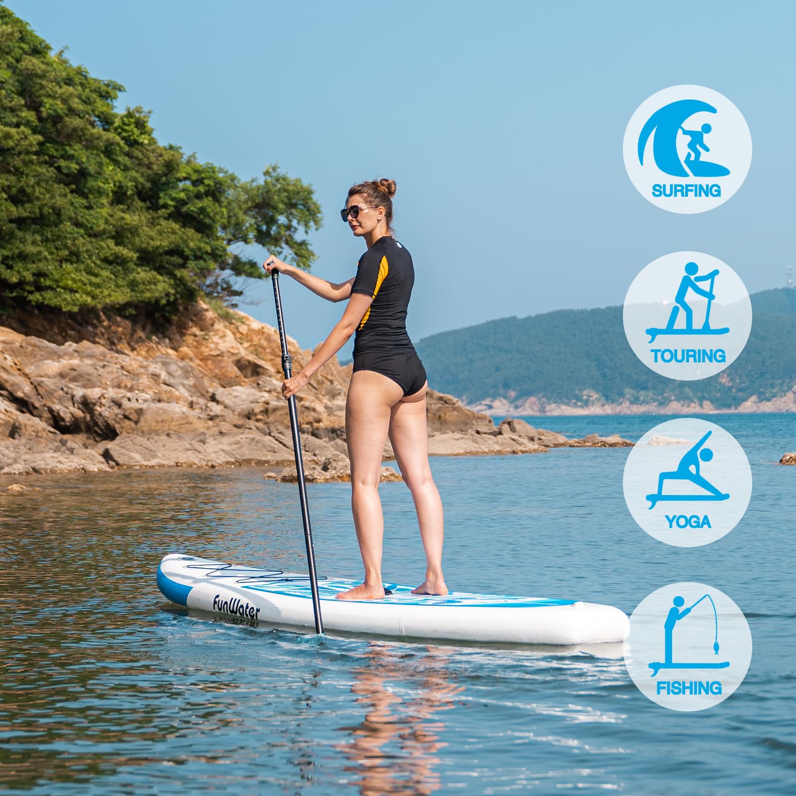 FunWater Tabla de Paddle Surf Hinchable, Ultraligera para Todos los Niveles, Tabla de Paddle Surf con Remo Ajustable, Tres Aletas, Kit de Mantenimiento, Conector de Válvula