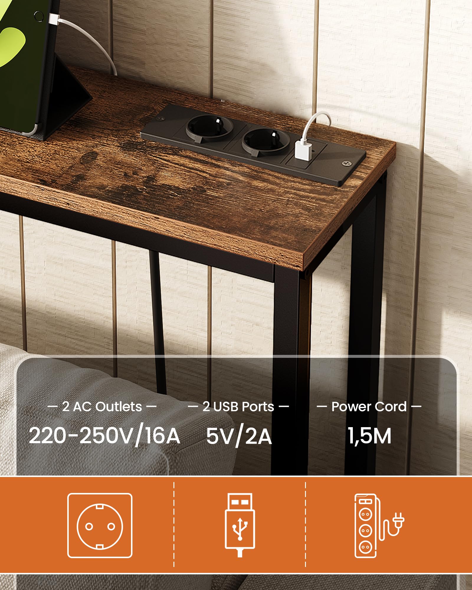 CHOEZON 200 cm stolik konsolowy, stół do przedpokoju ze stacją ładującą, wąski stolik z 2 gniazdami wtykowymi i 2 gniazdami USB, stolik pomocniczy, do salonu, przedpokoju, rustykalny brązowy i czarny