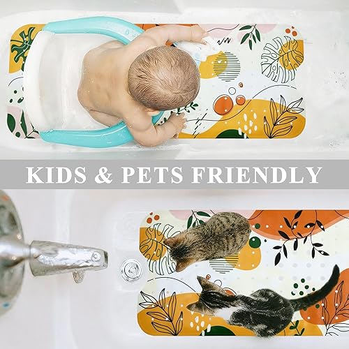 Miniatura 6 de Tapete antideslizante de 40 x 16 pulgadas, extra largo, bohemio, para bañera, tapete decorativo para bañera con orificios de drenaje, ventosas,