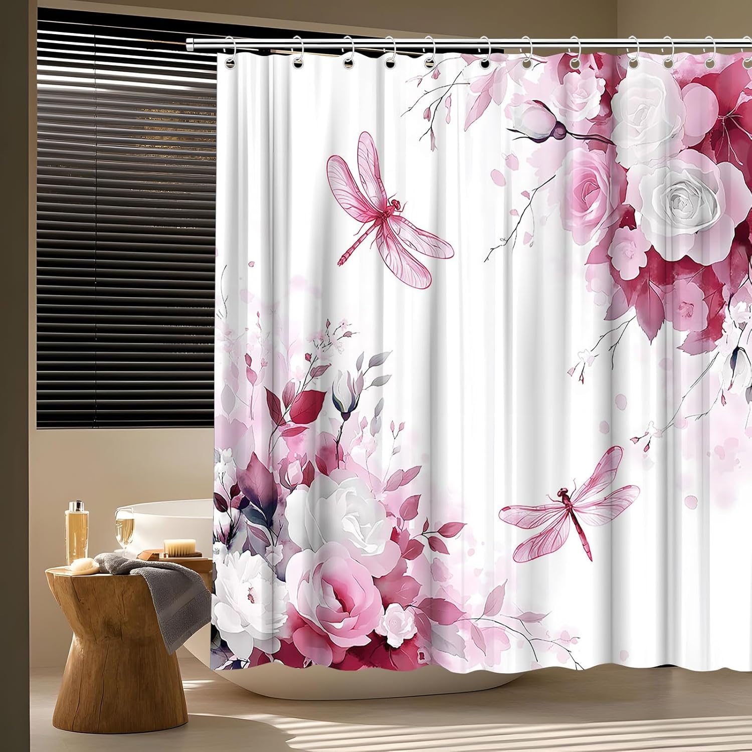 Pink Flower Dragonfly Shower Curtain Watercolor Rose Floral Spring Summer Green Leaves Rustic Nature Plant Bath Curtain Fabric Bathroom Accessories Decor with Hooks 70W x90L