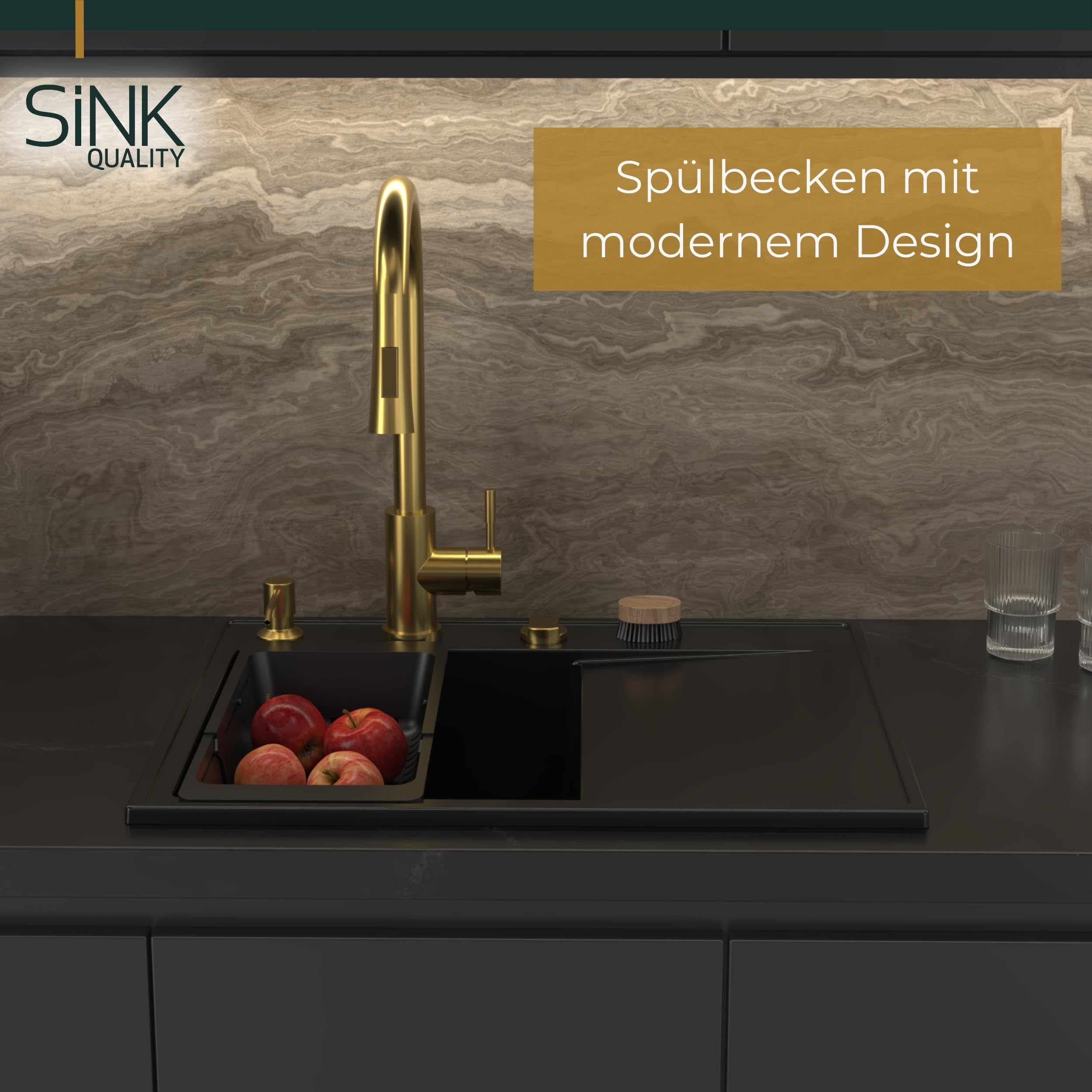 SINK QUALITY Spülbecken Komplettset mit Armatur 60x50 cm - Küchenspüle schwarz gesprenkelt mit Abtropffläche - Küchenarmatur, Seifenspender, Sieb, Siphon - Spüle links für 40er Unterschrank