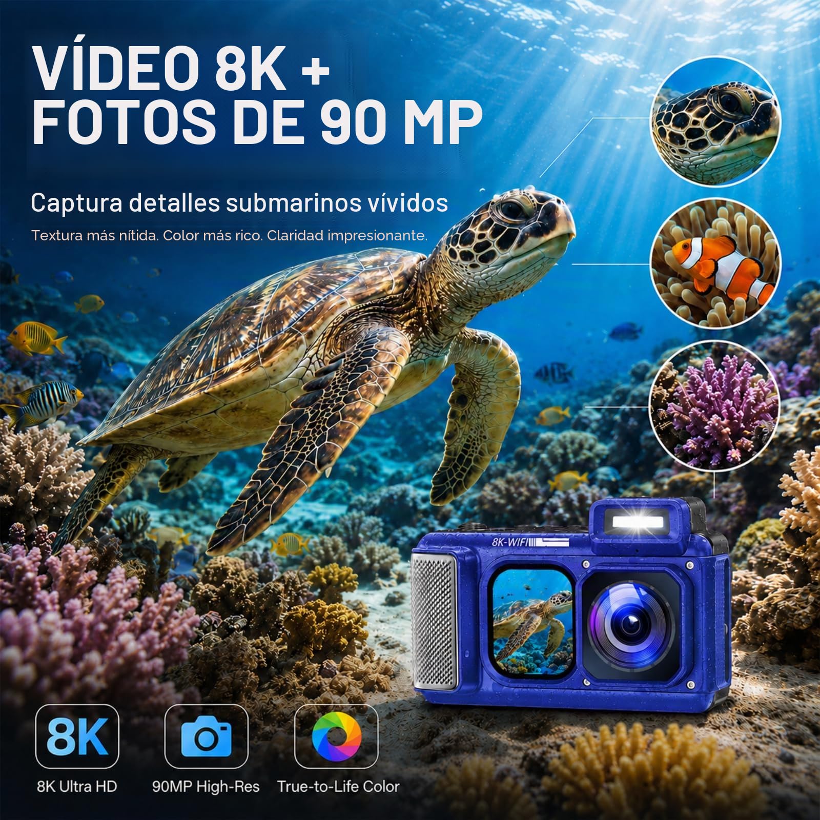 MaxMango V08 Pro 49FT Camara Acuatica，8K 90MP WiFi Pantalla Táctil Cámara Digital，2,8 Pulgadas con Doble Pantalla, Resistente, a Prueba de Polvo y a Prueba de Golpes, Ideal para Snorkel, Azul