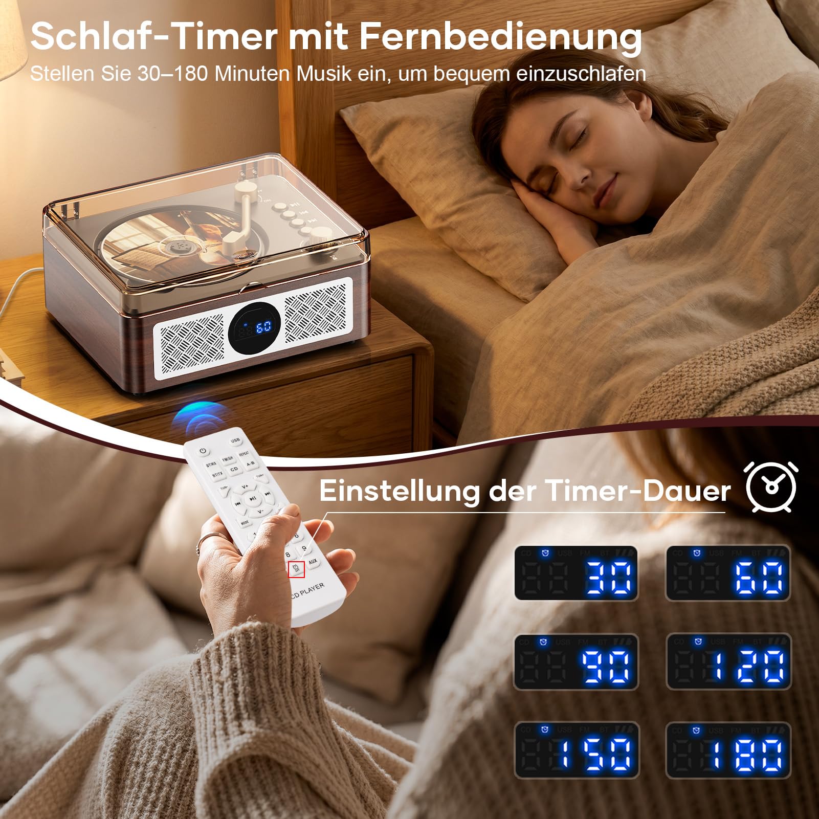 Bluetooth CD Player Tragbar mit Lautsprecher - Lehwey Retro CD-Player mit FM Radio, Stereo Sound, Unterstützt USB/AUX Wiedergabe, Vintage Desktop CD Spieler mit Fernbedienung, Staubschutz (Holz)
