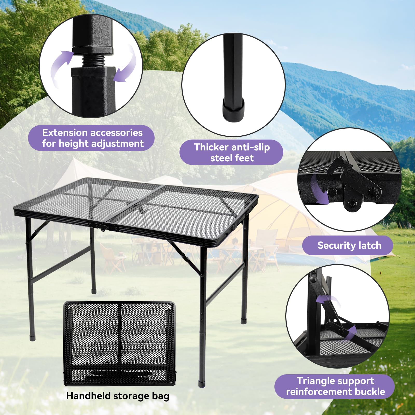Mesa de camping plegable de 3 x 2 pies, mesa de picnic portátil de metal, mesa plegable ajustable de altura ligera para exteriores, color negro 4