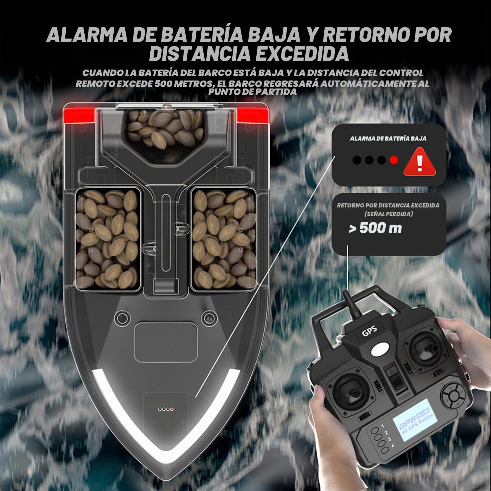 Barco de pesca con GPS, 500 m, RC, señuelo de pesca, mando a distancia, doble motor, barco LED con GPS y mando a distancia LCD (negro)