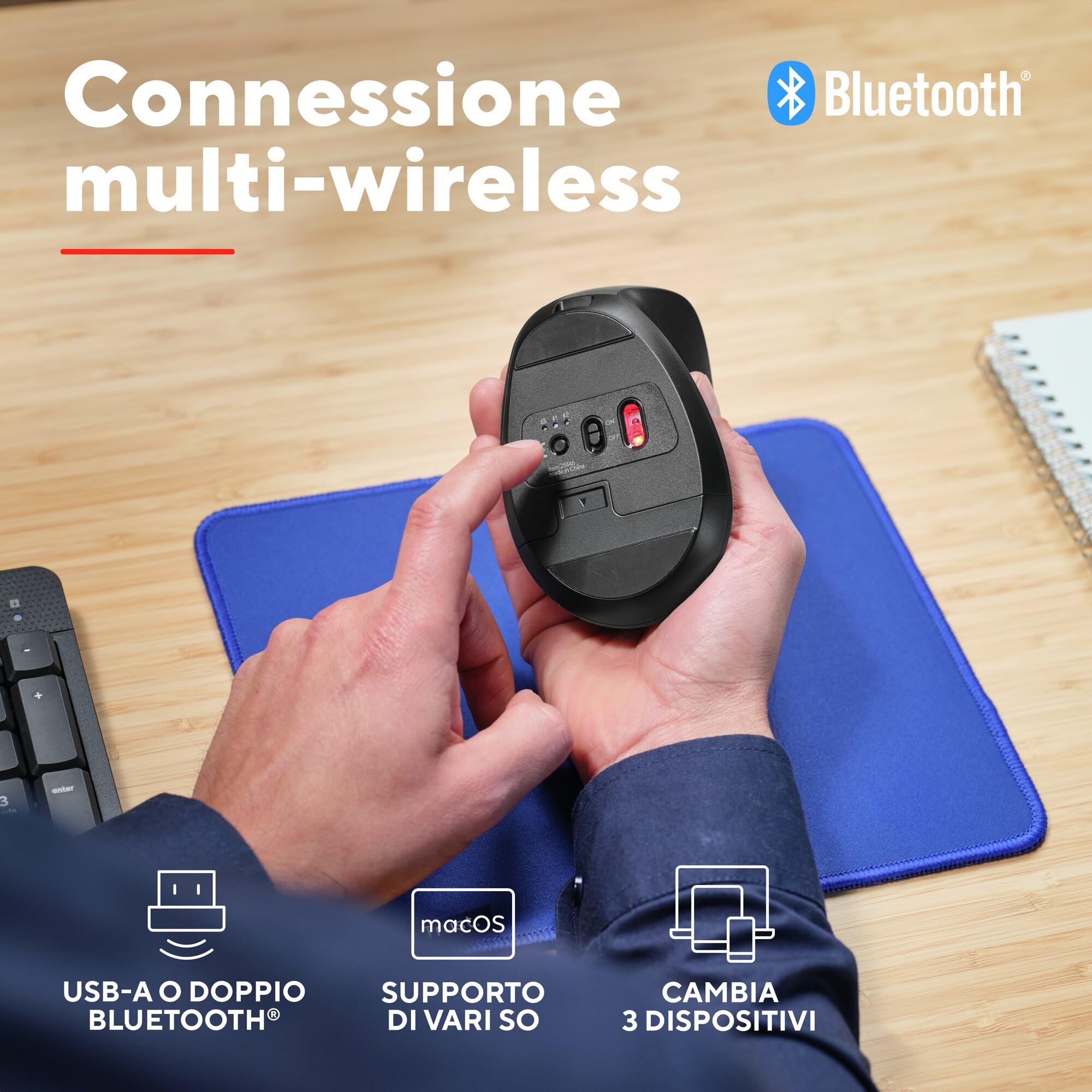 Trust Bayo+ Mouse Verticale Wireless Bluetooth + RF 2.4GHz, Ridurre la Tensione del Braccio e del Polso, 53% Plastica Riciclata, Mouse Ergonomico Ricaricabile Multidispositivo PC Laptop Mac - Nero