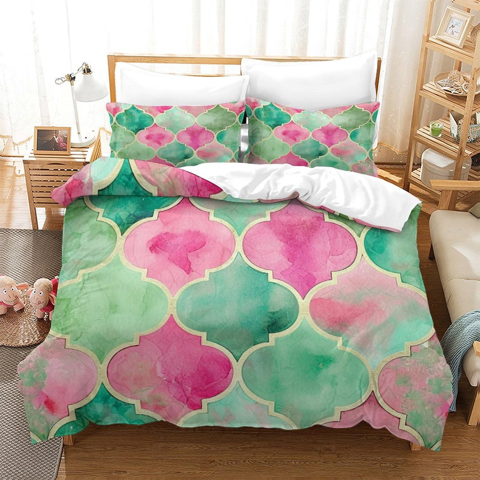 P1S9U7W5Y 3D Printed Moroccan Watercolor Pink Green Pattern Duvet Cover Set 3pcs Soft Microfiber Geometric Bedding Set Super king（260x220cm）