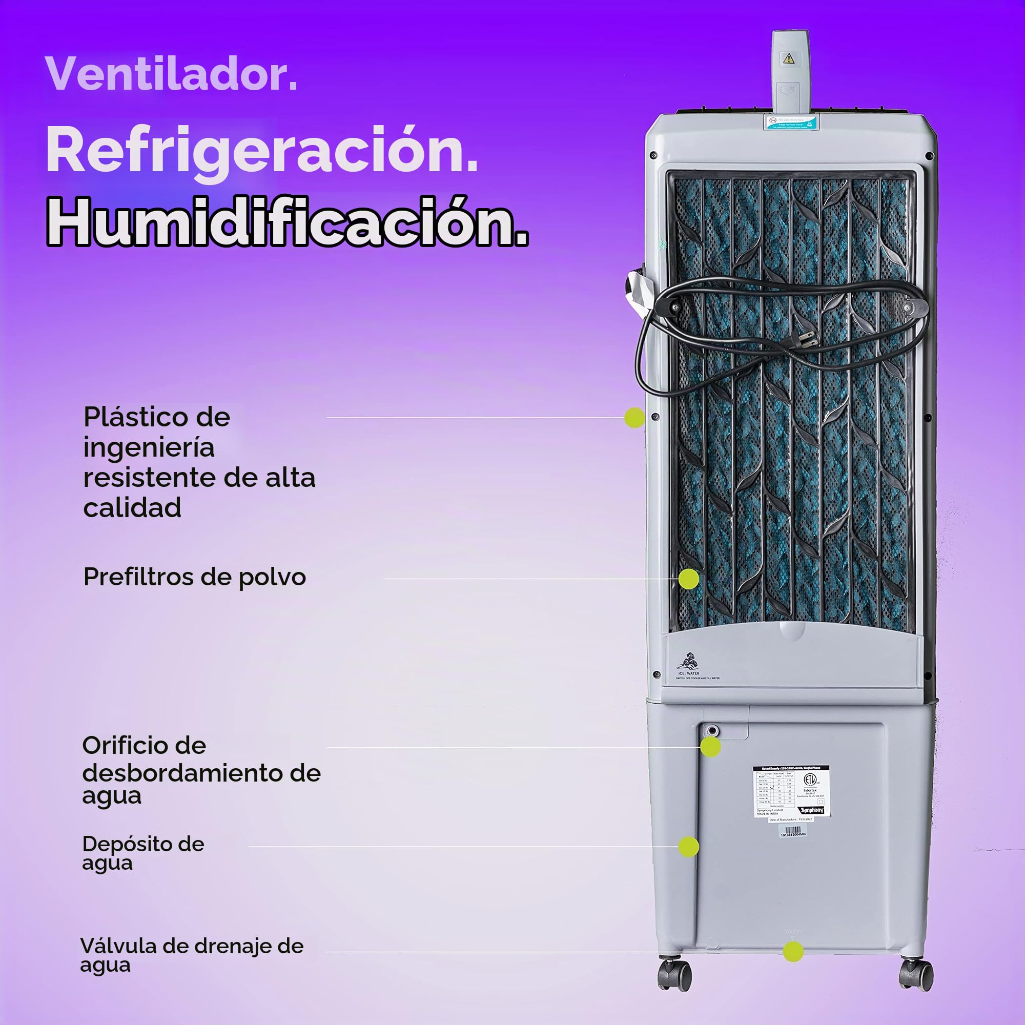 Symphony Diet Climatizador evaporativo, 170 W, 22 litros, 65 Decibelios, Plástico, 3 Velocidades, Blanco