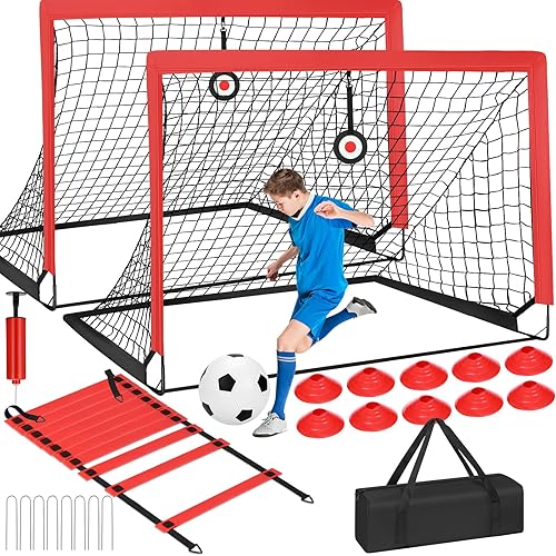 Redes de porterías de fútbol de 6 x 4 pies para patio trasero, playa, equipo de entrenamiento de fútbol, red portátil con pelota y conos, juegos