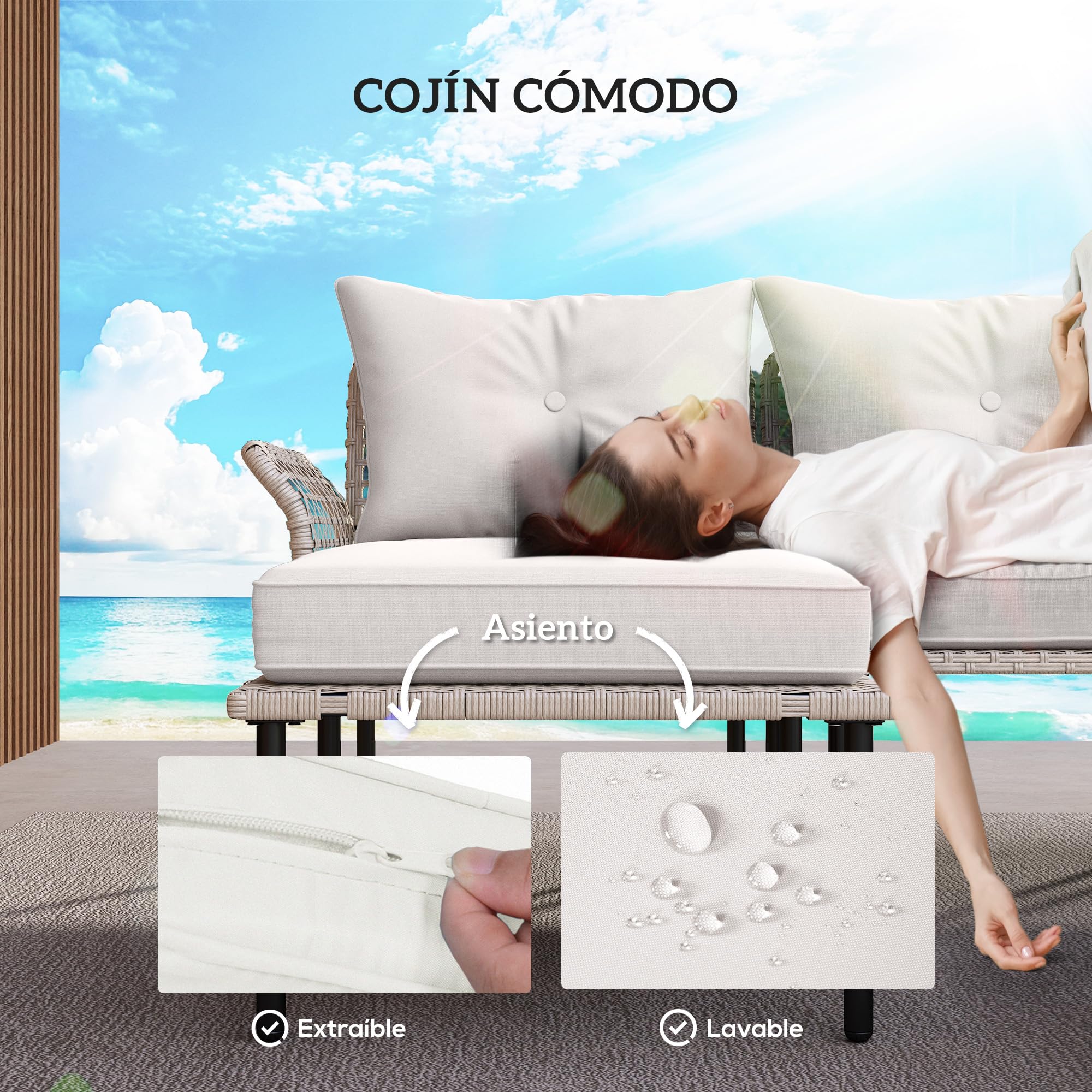 Outsunny Conjunto de Jardín Exterior de Ratán Sintético de 5 Piezas Muebles de Jardín Exterior Incluye 2 Sofás Esquineras 1 Sofá de Exterior 1 Taburete 1 Mesa de Centro con Cojines Crema