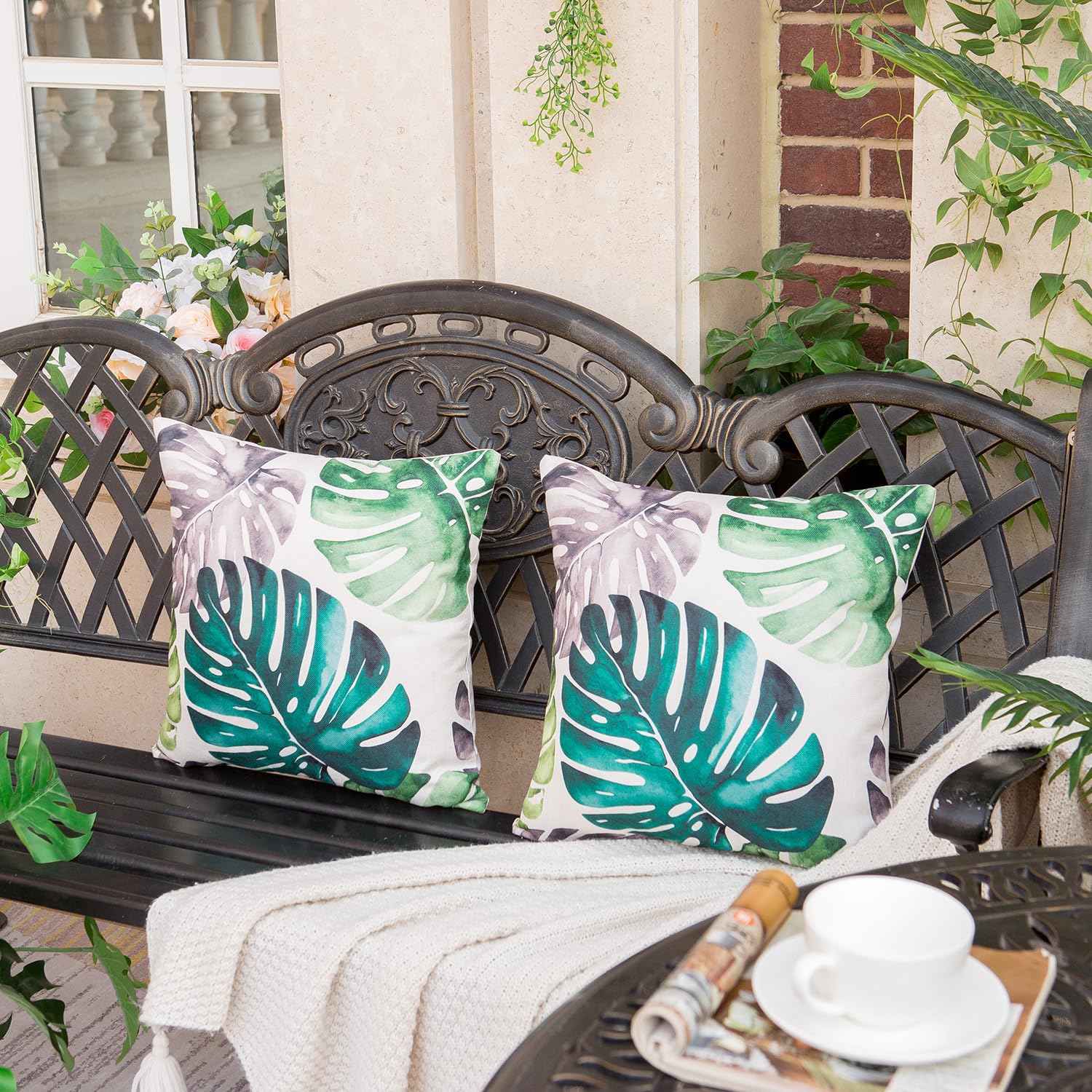 Federe Cuscini Divano 45x45 Copricuscini Impermeabili Cuscini per Divano Esterno Giardino Cuscini Colorati Geometria Piante Tropicali Uccello per Camera da Letto per Soggiorno Balcone 4 Pezzi