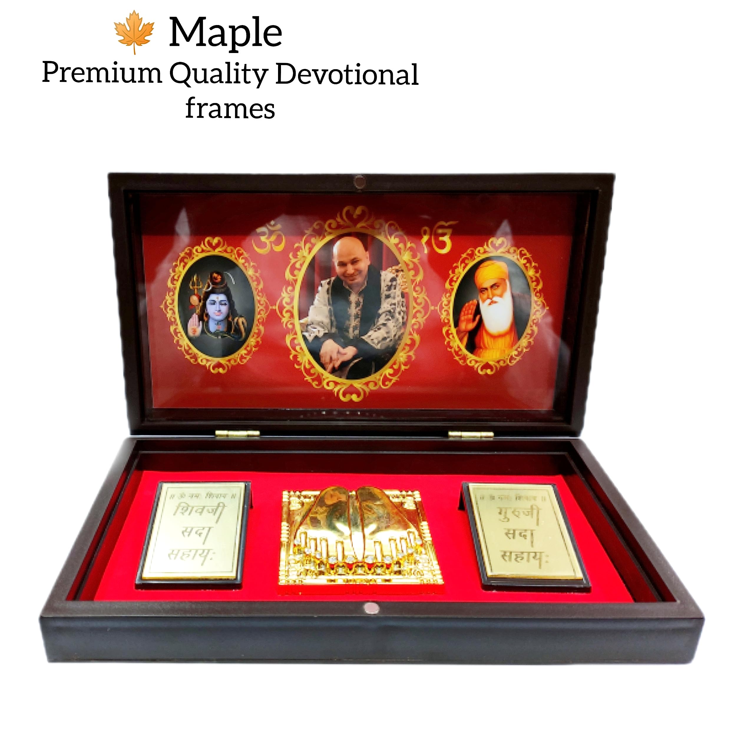 MAPLE Guru Ji Charan Paduka |Guruji Swaroop for Mandir | Wooden Gold Plated | Guru Ji Devotional Charan Paduka | Guru Ji Prayer Box With Mahadev And Waheguru | Divine Fragrance (Large Size) - Image 4 thumbnail