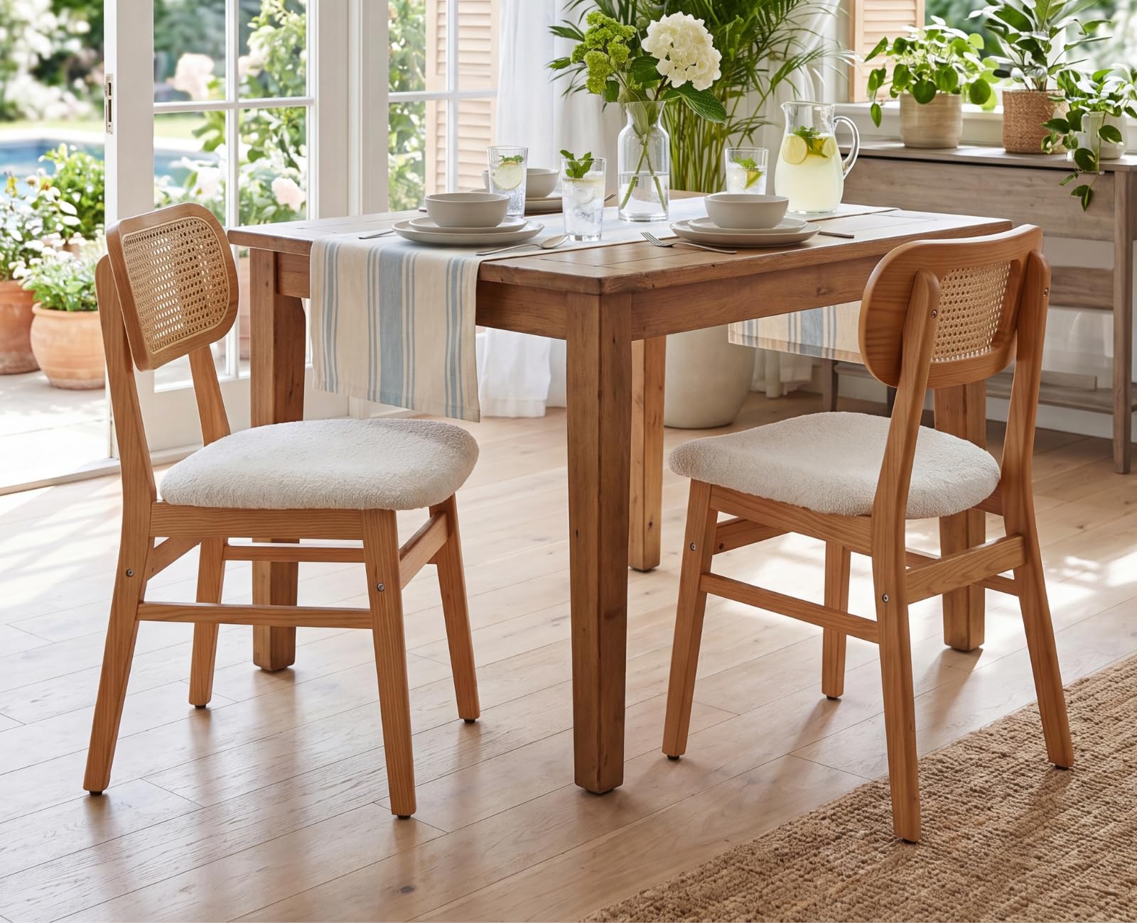 Mid Century Modern Curved Back Rattan Dining Chairs Set of 6 Sherpa Cream image 7