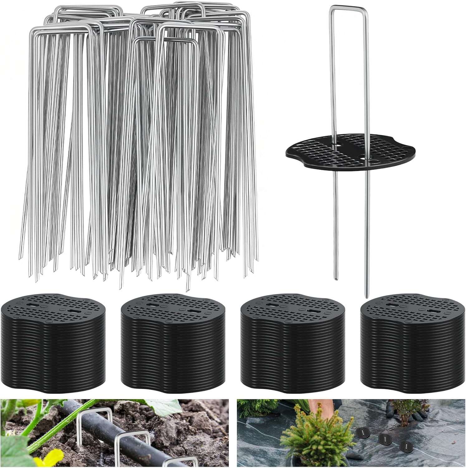 200 Packs Garden Stakes Staples 6 inch Landscape Fabric Pins Lawn 100Pcs U Shaped Galvanized Staples Ground Stakes Landscaping Pins with 100Pcs Gasket for Weed Barrier Plant Cover Decorations