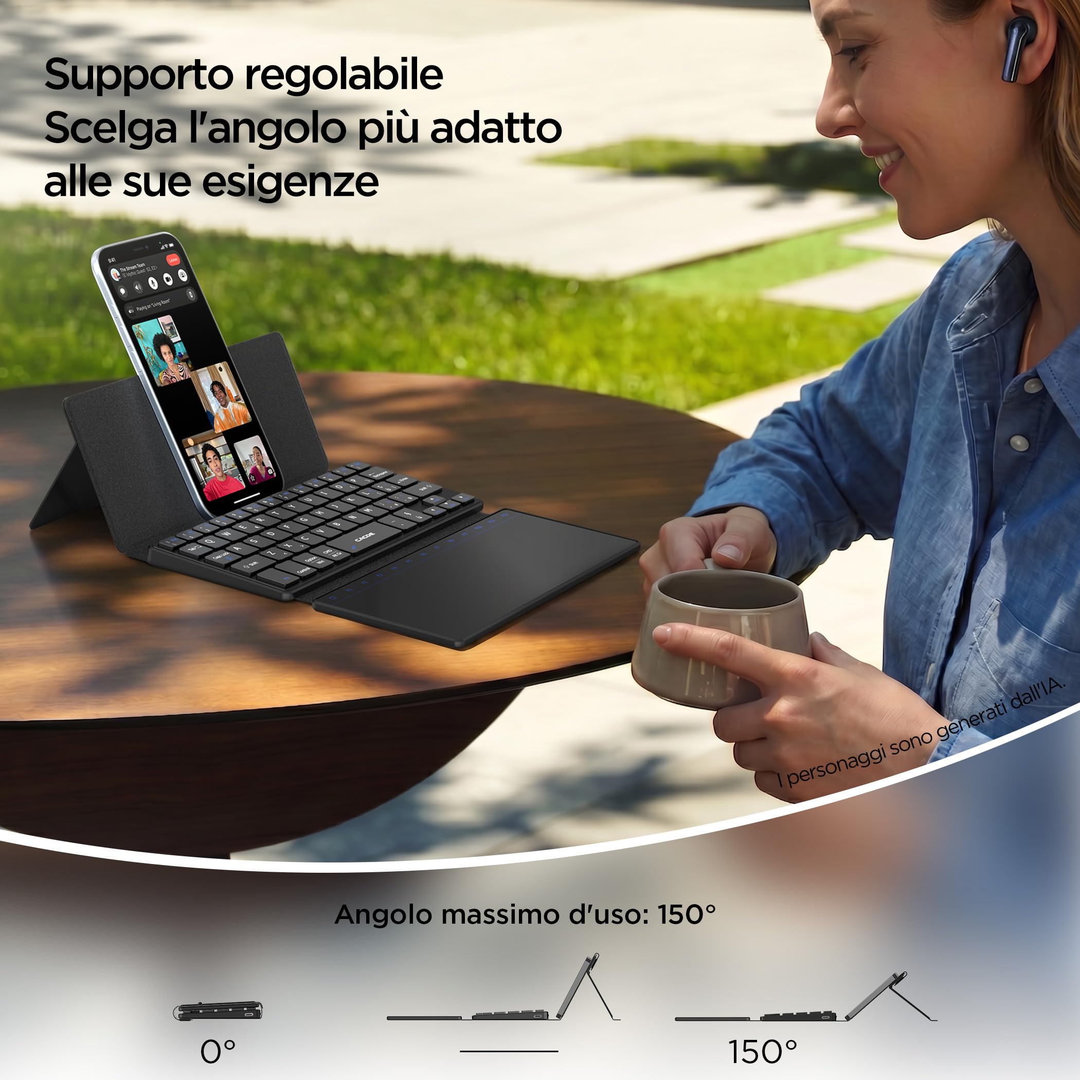 CACOE Mini Tastiera Bluetooth a Doppio Canale con Touchpad | Wireless Tastiera per QWERTY, Ultra-Sottile e Portatile con Supporto per Smartphone (iOS, Android, Windows), Nera