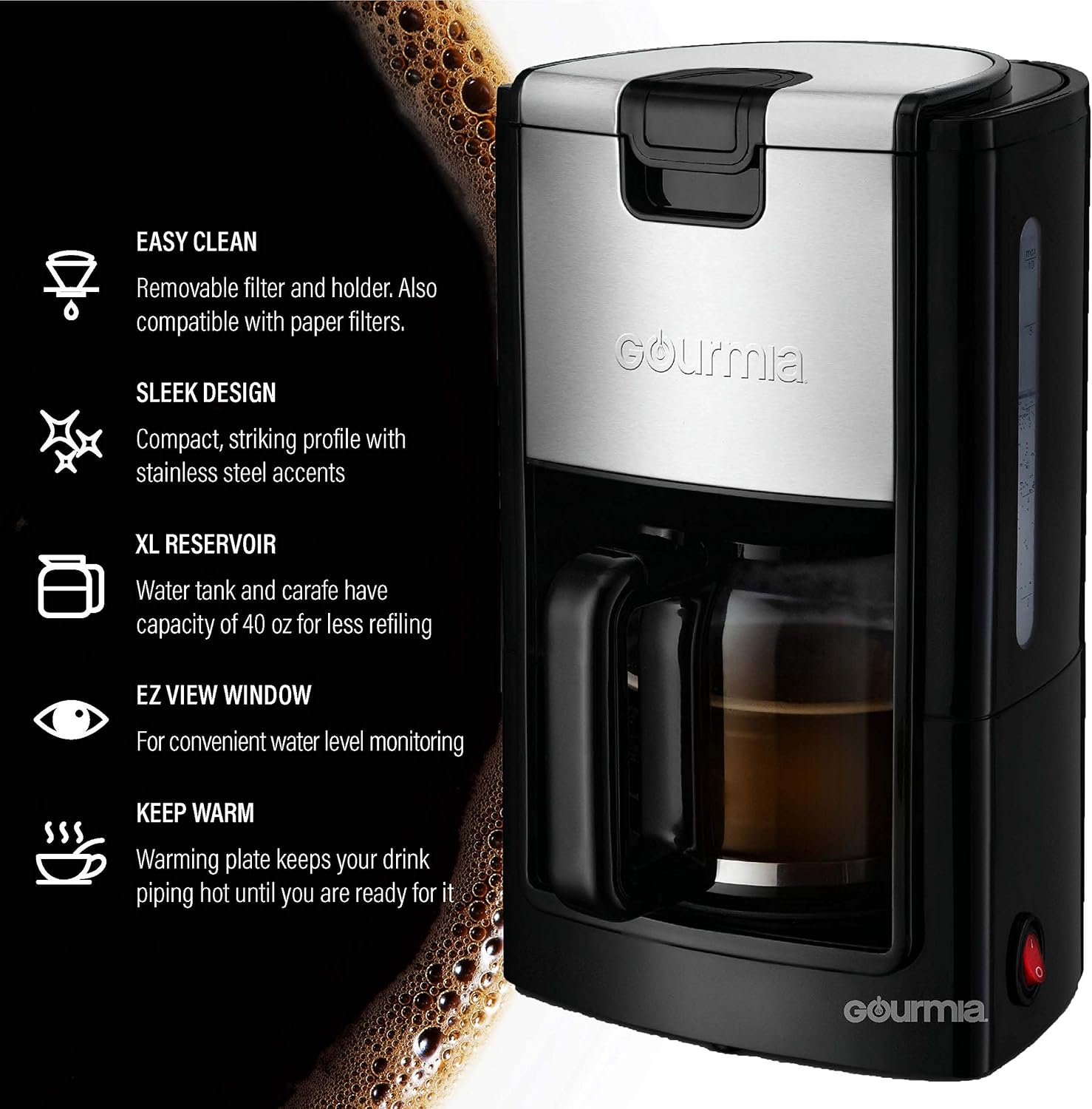 Gourmia GCM1835 10-Cup Automatic Drip Coffee Maker with Extra-Large 40-Ounce Reservoir -One-Touch Brewing - Glass Carafe - Stainless Steel Accents - Reusable Filter - 900 Watts