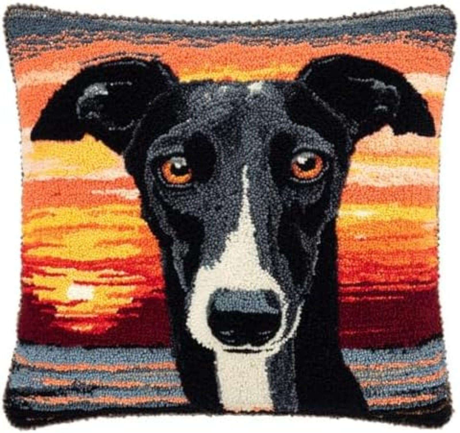 kitphoenix Latch Hook Cushion Kit Cute Greyhound Dog Face with Sunset Background with Pre-Printed Cushion Cover DIY Pillowcase Crochet Yarn Hooking Craft Set for Hobby and Home Decor 43x43cm-1
