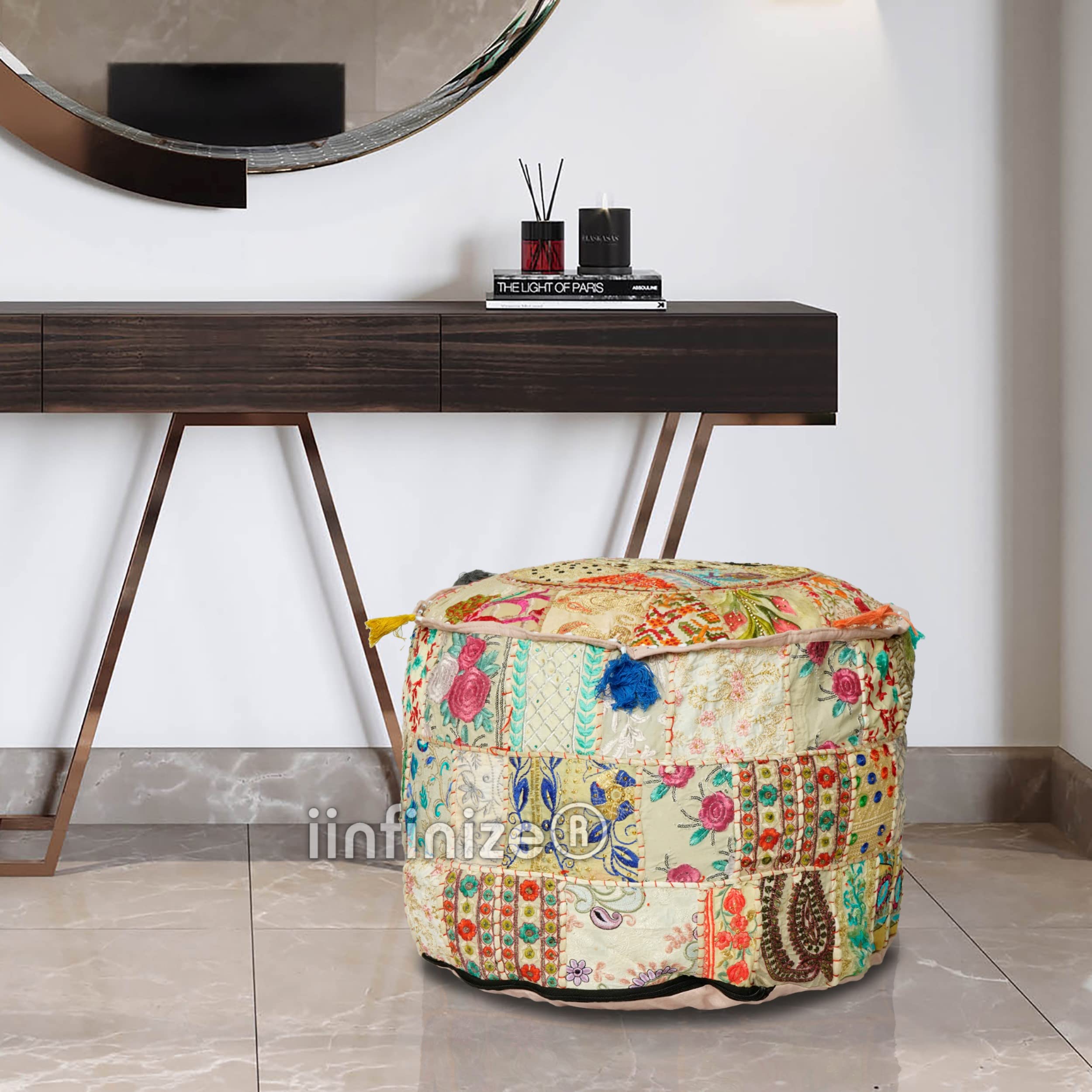 Patchwork Khambadiya Pouffe Cover 22 Inch Round Ottoman Footrest Mudda Stool Cover Cotton Boho Vintage Sitting Pouffe Case (Beige)-image-41