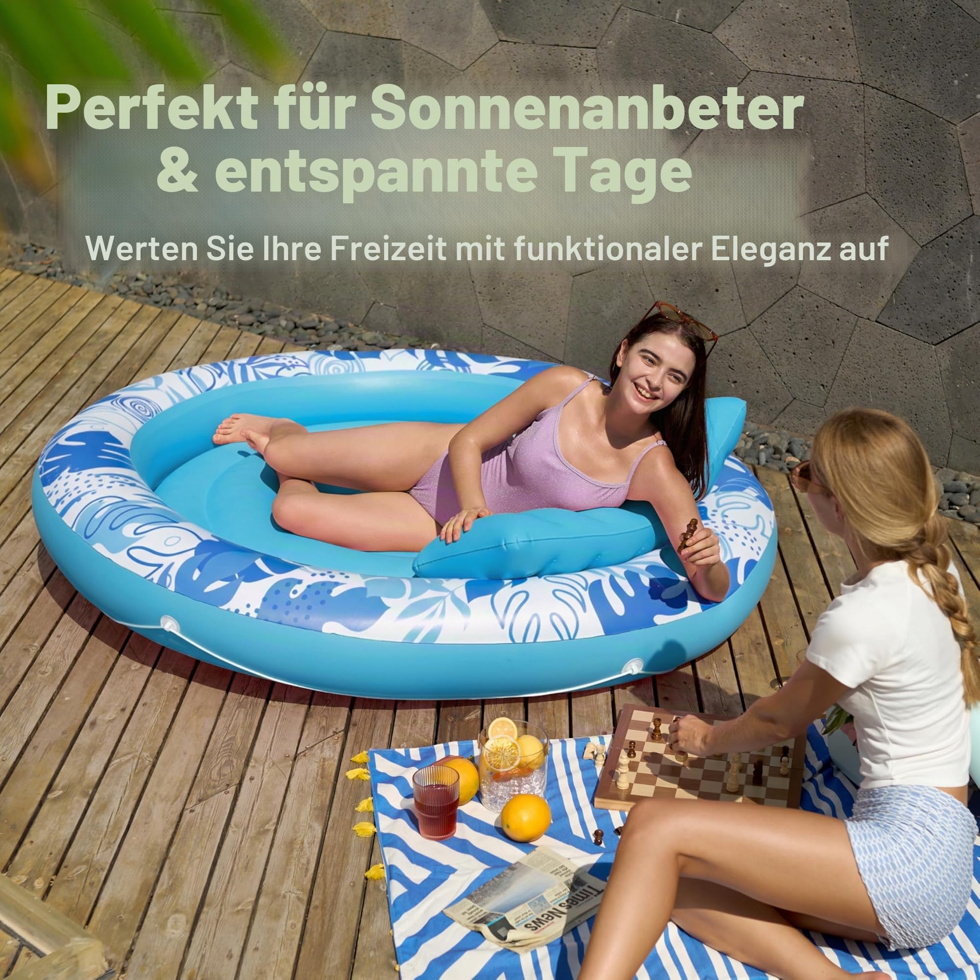 Sloosh Aufblasbare Sonnenpool,Luftmatratzte Pool 183 x 165 cm, Schwimmring für Erwachsene mit Kissen, Luftmatratze Schwimmen,Luftmatratze Wasser für Erwachsene, Sommerspaß, Wasserparty