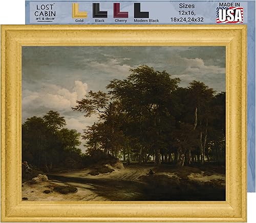 Vista 19 de Cabaña perdida un paisaje arbolado del río con un puente una iglesia más allá de Jacob van Ruisdael Impresión en marco plano negro Reproducción