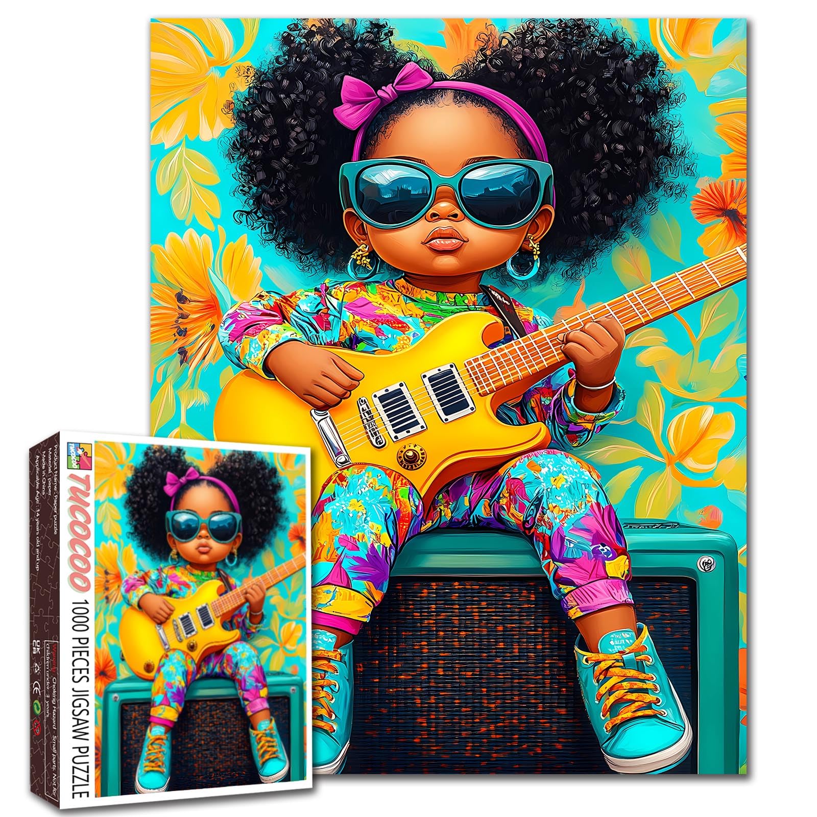 Tucocoo Little Black Girl Jigsaw Puzzle 1000 Pieces Puzzles for Adults, Yellow Electric Guitar Modern Art Puzzles for Challenging Family Activity Games Colorful DIY Crafts Puzzle for Home Decor Gifts — image 1