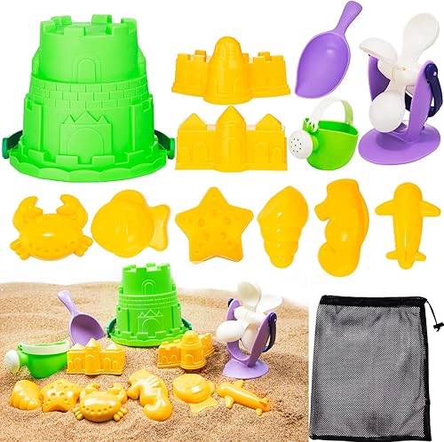 KIRE Juguetes de playa Juego de 12 juguetes de arena para niños con bolsa de malla que incluye cubo de playa cubo de agua rueda de agua de arena
