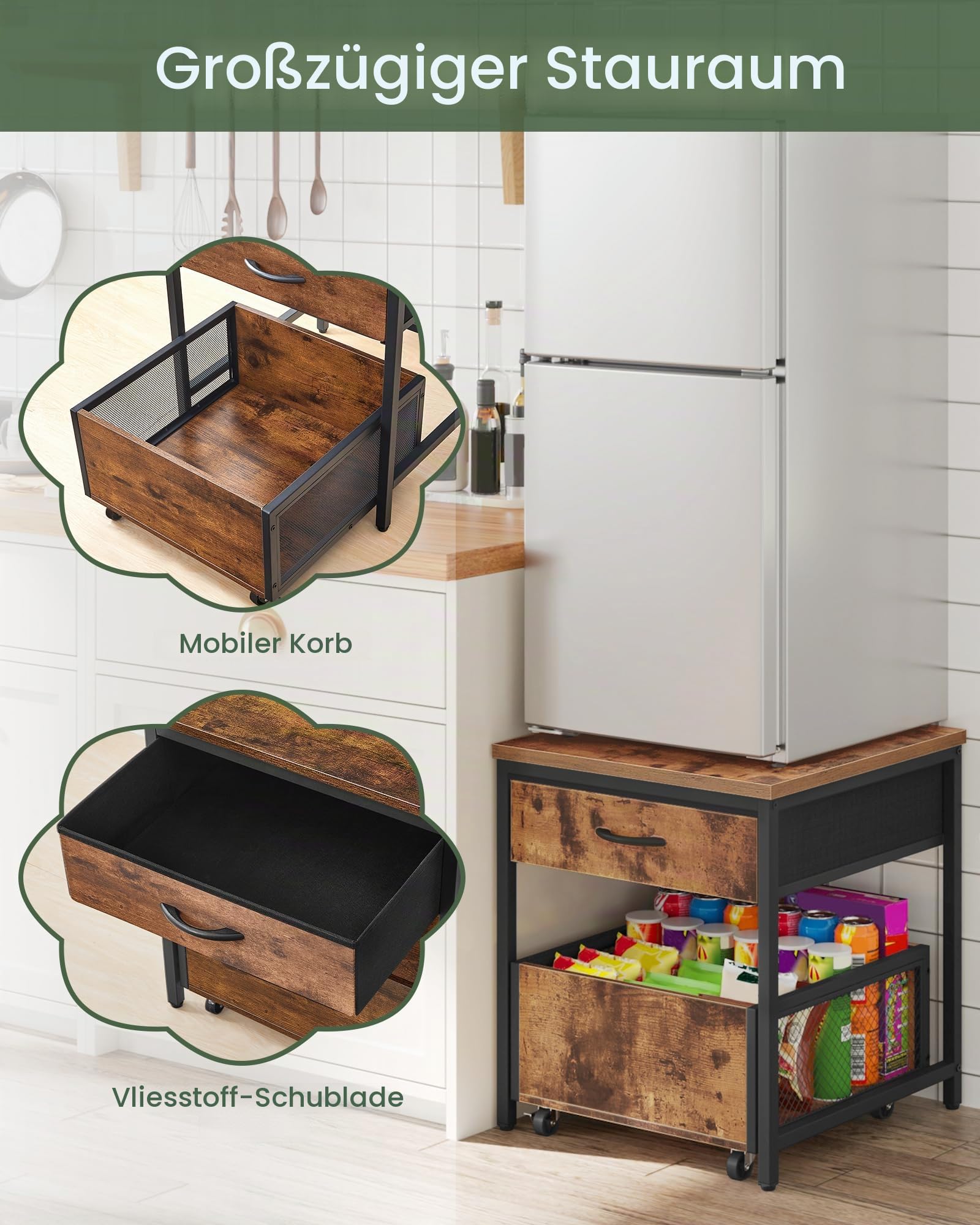 CHOEZON Mini-Kühlschrankständer mit Beweglichem Korb, Multifunktionale Beistelltische, Mini-Kühlschranktisch, Kühlschrank Unterschrank für Büro und Schlafzimmer, Vintagebraun und Schwarz DTBZ55BF