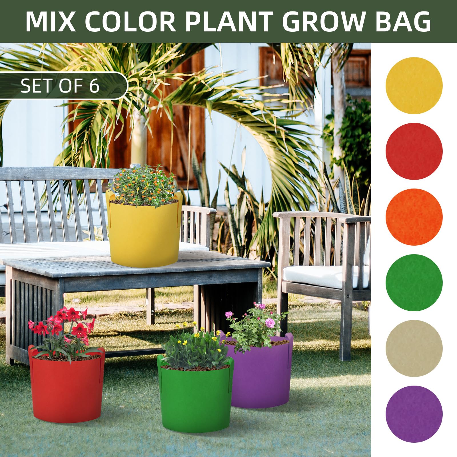 Ohiyoo 7 Gallon Plant Grow Bags, 6-Pack Multicolor Fabric Planters Grow Bags Vegetable Planter Bags Containers - Image 2