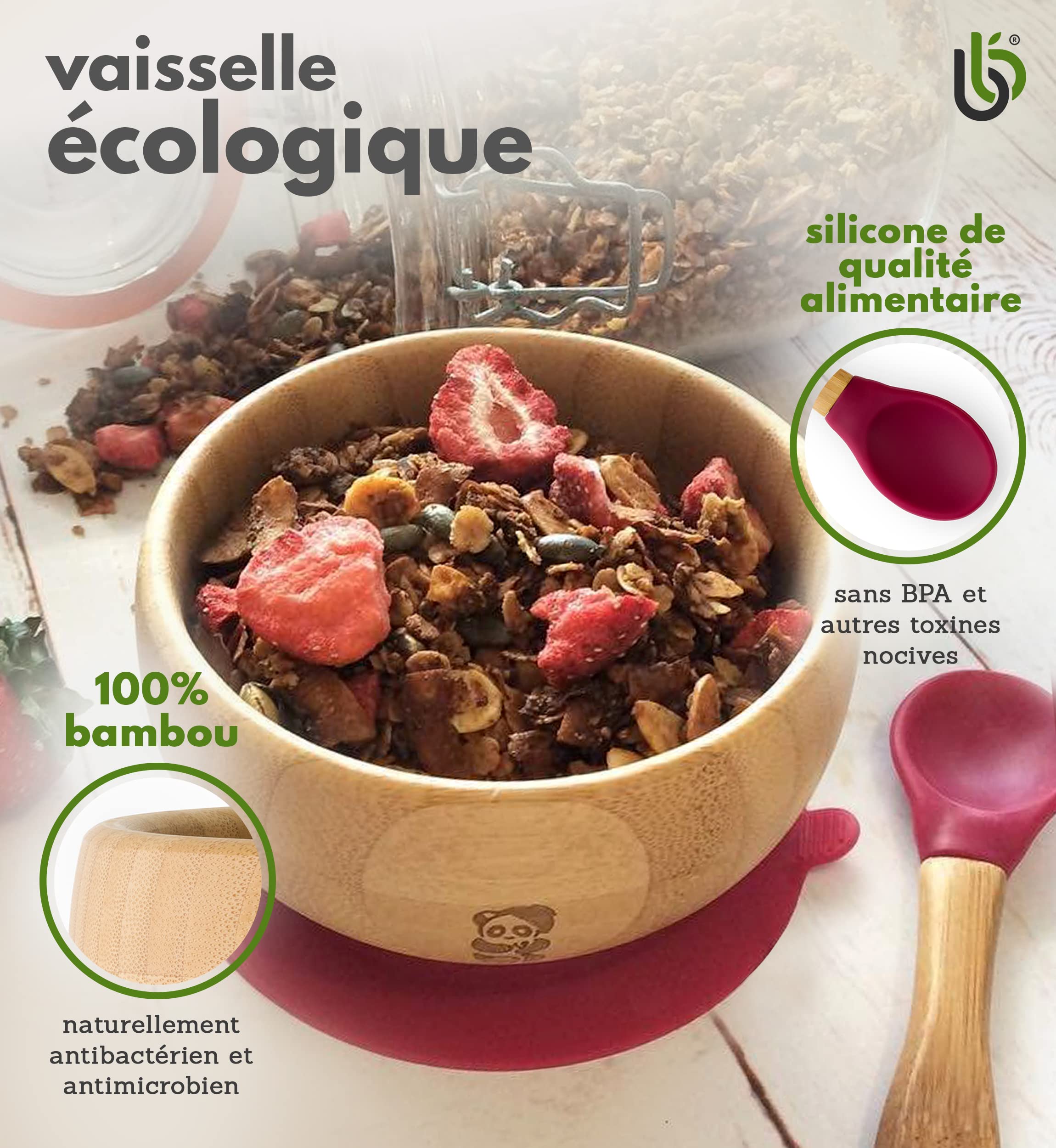 bamboo bamboo Ensemble Bols de Sevrage et Cuillères pour Bébés Avec Anneau d’aspiration en Silicone, Bols pour Tout-petits avec Cuillère pour Bébés à partir de 6 mois (Cerise)
