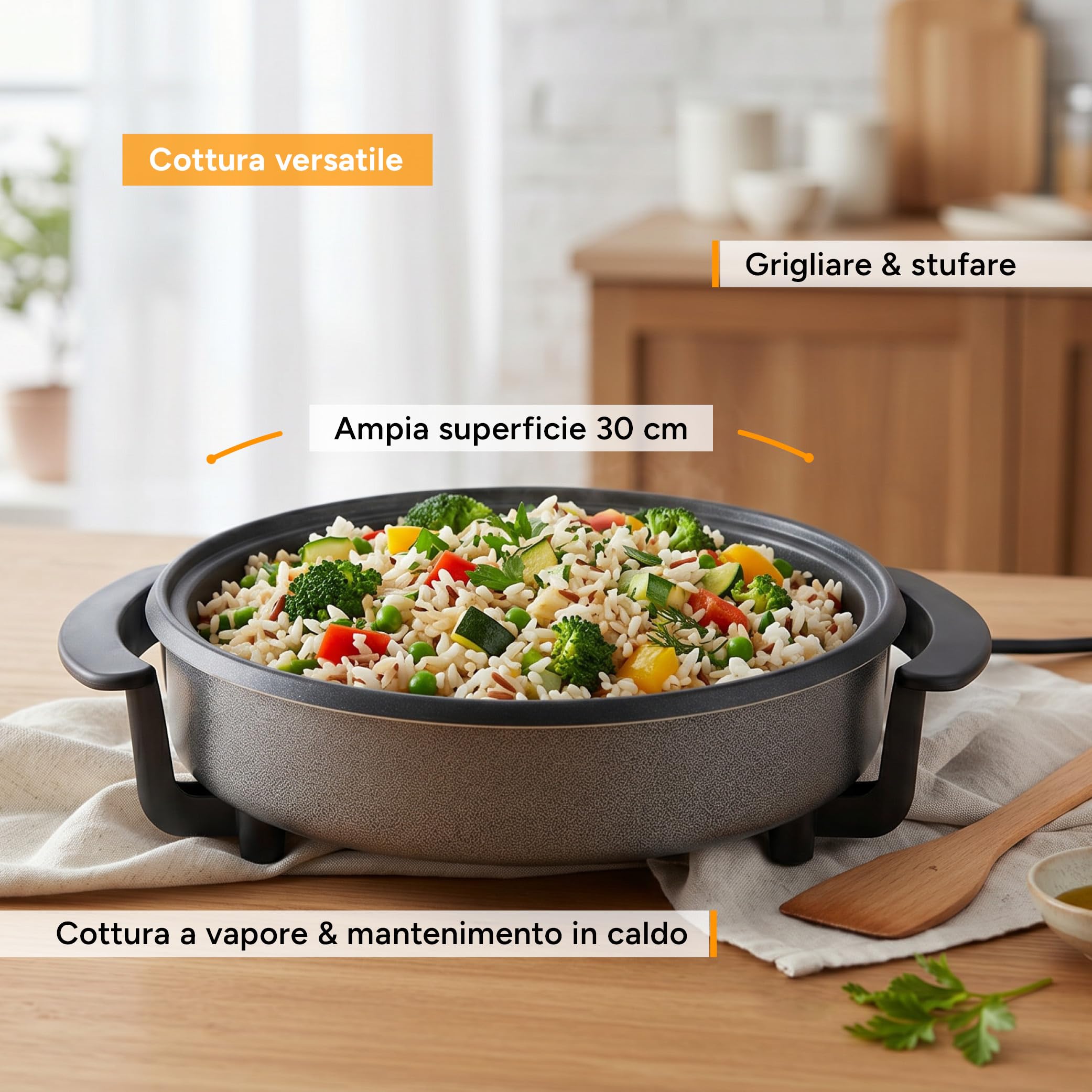 TZS First Austria - Padella Elettrica Multifunzione 1,8L - Ø 30cm - 1500W - Termostato Regolabile (90-240°C) - Rivestimento Antiaderente - Ideale per Feste e Paella - Grigio
