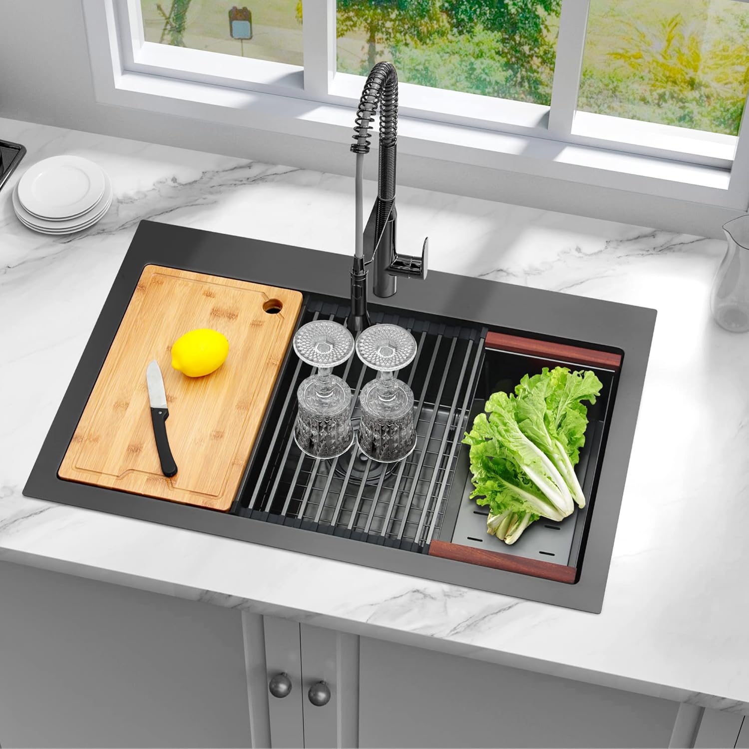 Black Drop In Sink 33x22, Matte Black Stainless Steel Sink Drop In 33x22, 16 Gauge Stainless Steel Black Kitchen Sink with Workatation Ledge and Abundant Accessories