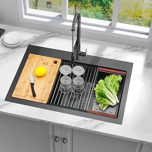 Miniatura 6 de LQS Fregadero de cocina negro, fregadero de cocina desplegable de 33 x 22 pulgadas, fregadero de acero inoxidable calibre 16, montaje superior