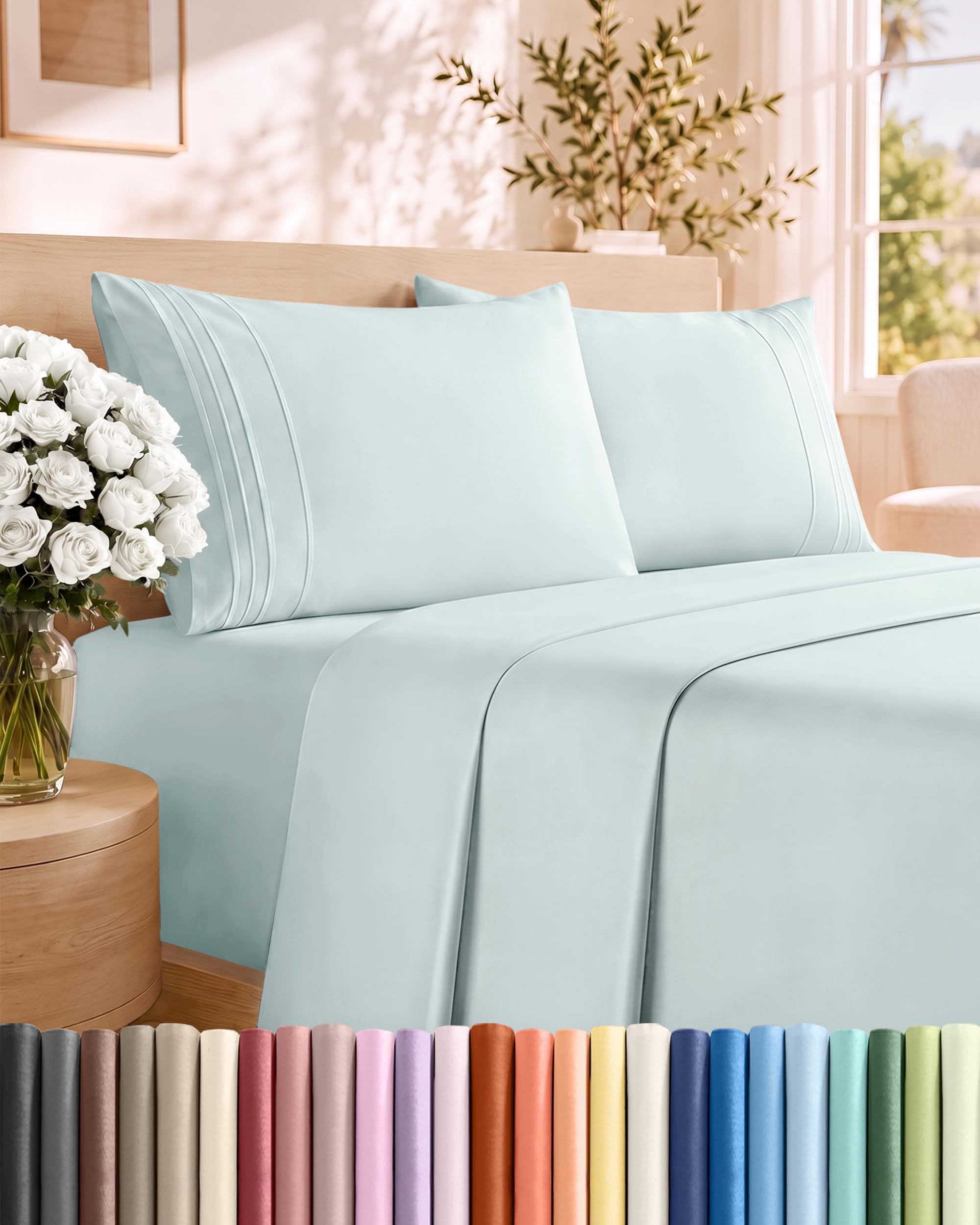 Queen Size 4 Piece Sheet Set - Comfy Breathable & Cooling Sheets - Ice Blue