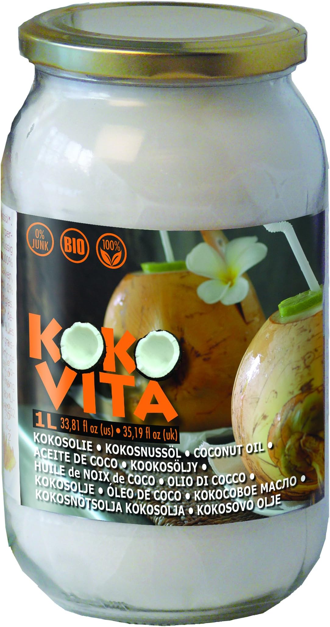 Kokovita 100% organic coconut oil - steam-distilled, not refined, not bleached 1L - 33.81fl oz