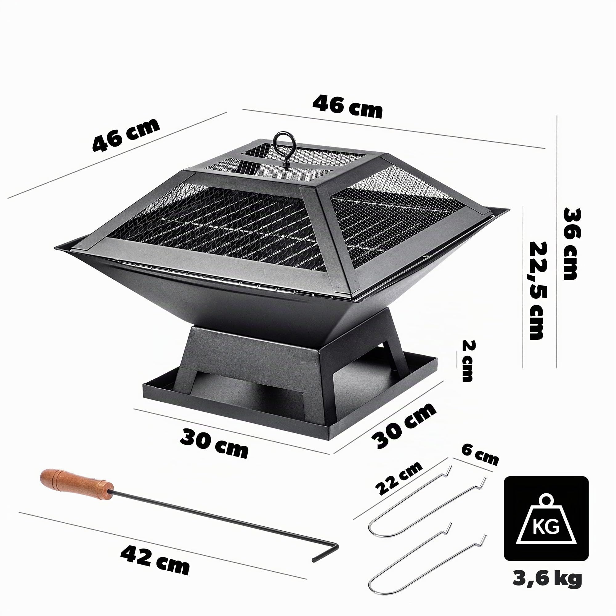KADAX Feuerschale aus Stahl, 46 x 36 cm, Feuerkorb mit Funkenschutz, Schürhaken und Grillrost, Outdoor Feuerstelle für Garten und Terrasse (Schwarz)