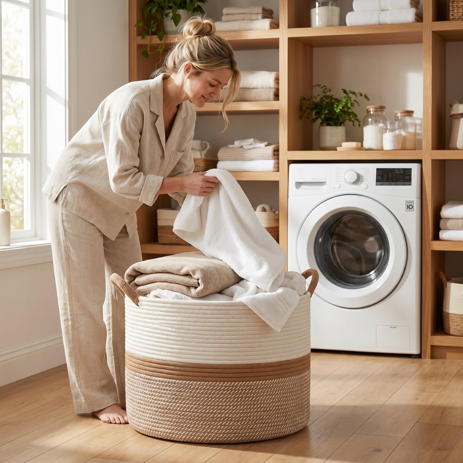 Levede Linen Drawstring Laundry Basket — Warm Beige - Gallery