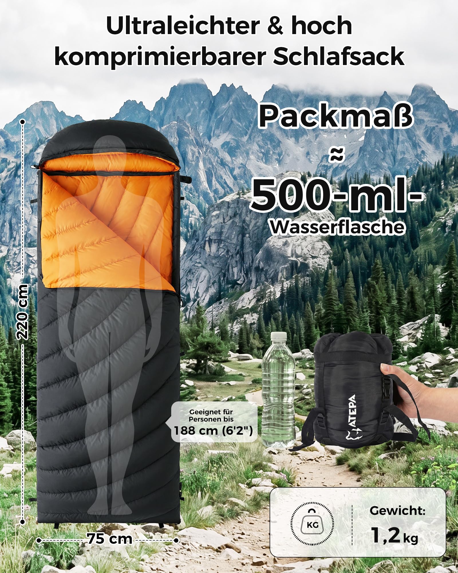 ATEPA Ultraleichter Daunenschlafsack 650/700FP, 3-Jahreszeiten (12°C / 6°C / -1°C), Leicht & Kompakt, Wasserabweisend, Ideal für Camping, Wandern, Trekking & Rucksackreisen, Mit Kompressionssack