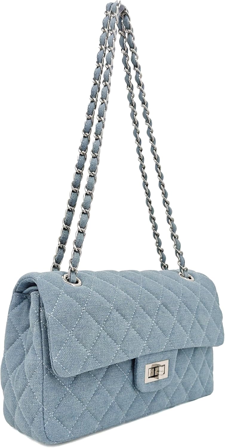 Quilted Denim Crossbody Bags for Women, Chain Strap Shoulder Bags, Medium Double Flap Purse, Gold Hardware Jean Purse