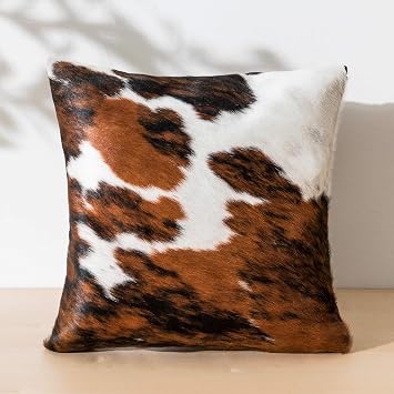 ecowhides 100% Genuine Brazilian Cowhide Pillow Cover Tricolor, Brown, Black & White Luxury Leather Decorative Cushion for Rustic & Western Home Decor 15 x 15
