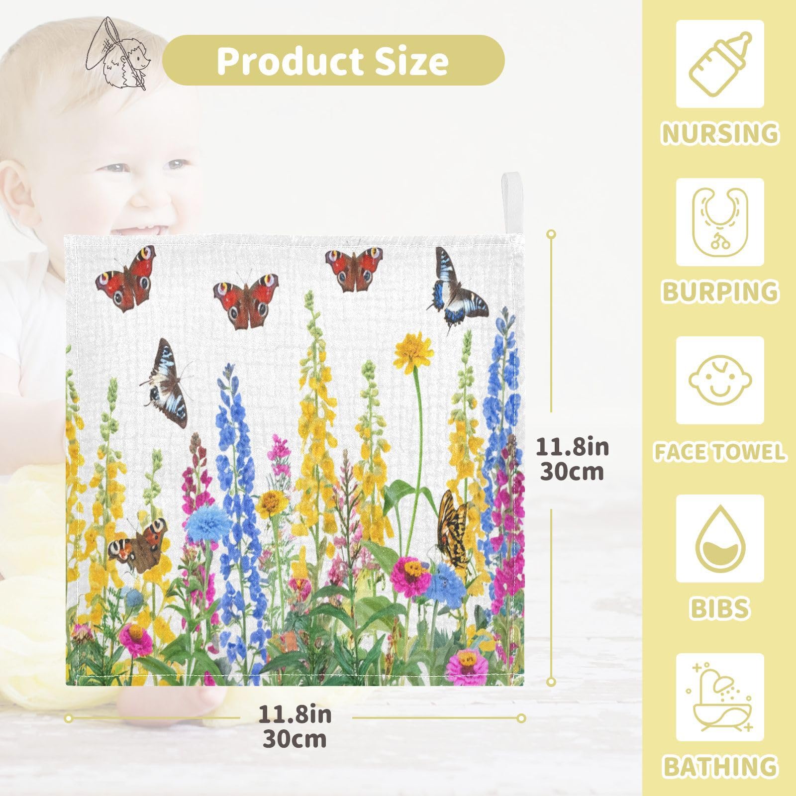 Kigai Beautiful Flowers and Butterflies Baby Washcloths,5pcs Ultra Soft Absorbent Towel,Newborn Bath Face Towel, Natural Reusable Baby Wipes for Sensitive Skin, Baby Registry as Shower