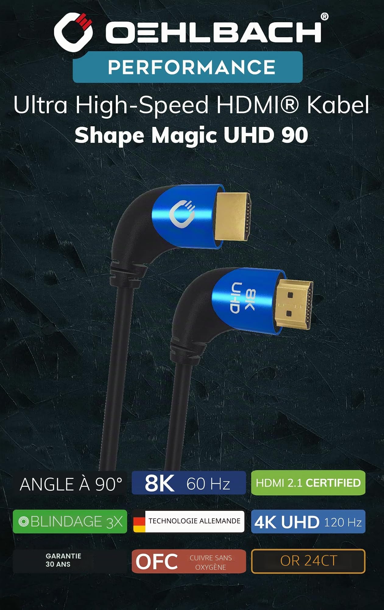 Oehlbach Shape Magic 90 UHD Câble HDMI 2.1 8K Ultra High Speed – Certifié 48 Gbps (fiche coudée à 90 °, cuivre OFC, 4K @ 120 Hz, 8K @ 60 Hz, eARC, HDR dynamique) noir 2 m