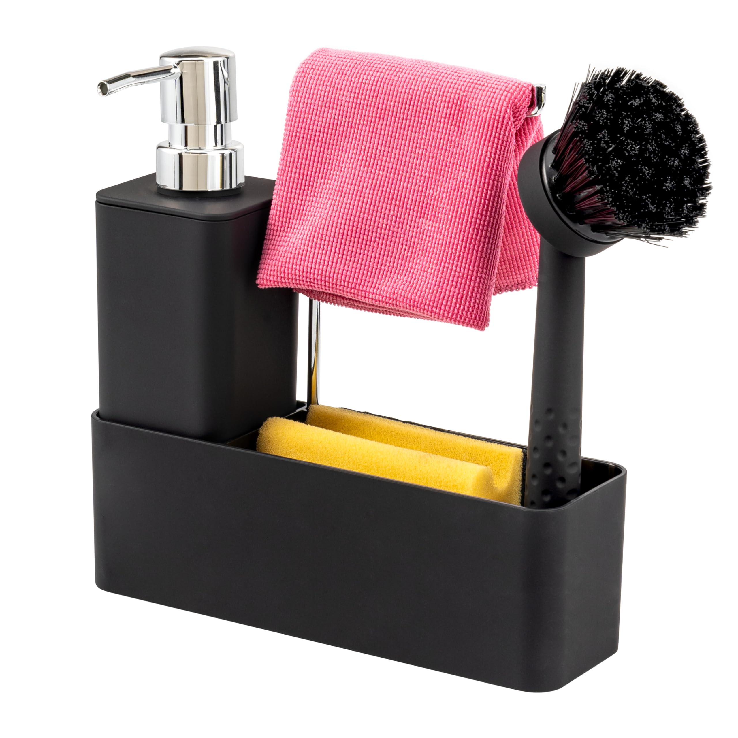 eluno Spülbecken Organizer mit Soft-Touch Oberfläche für Küche & Bad, Spülutensilienhalter inkl. Seifenspender, Spülbürste mit Bürstenkopf und Spültuchhalter, mit Ersatzbürstenkopf und Pumpe, schwarz Küche, Haushalt & Wohnen