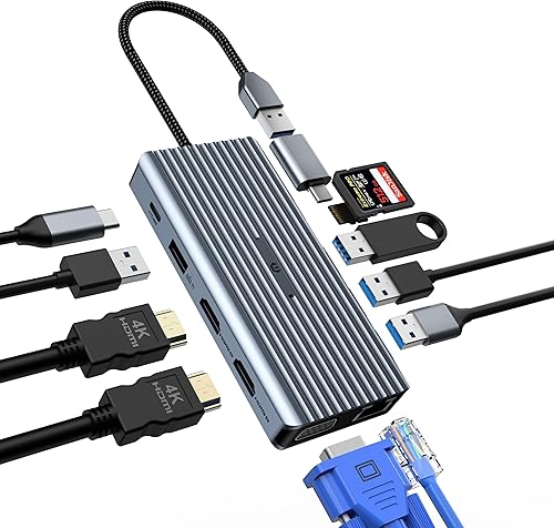 Estación de acoplamiento USB C 12 en 1, concentrador oditton USB C, 2 HDMI 4K, VGA, 3 puertos USB A, ranuras para tarjetas SDTF, PD 100W, Ethernet,